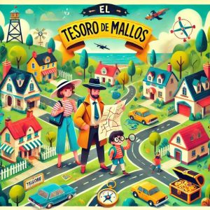 Ilustración de una familia (padres y un niño con lupa) en un pueblo costero con casas de colores, buscando un tesoro. El cartel dice "El Tesoro de Mallos".