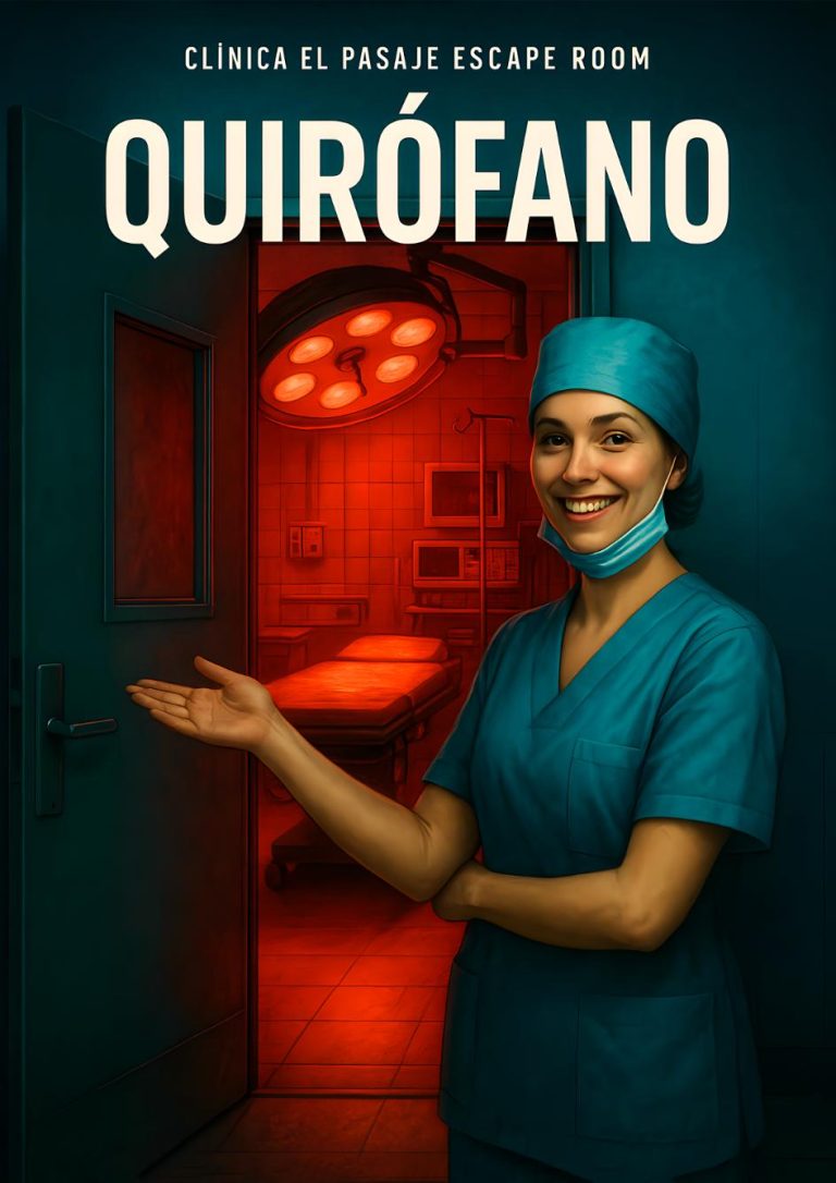 Una cirujana sonriente invita a entrar a la sala de escape room Quirófano, un quirófano con una inquietante luz roja al fondo.