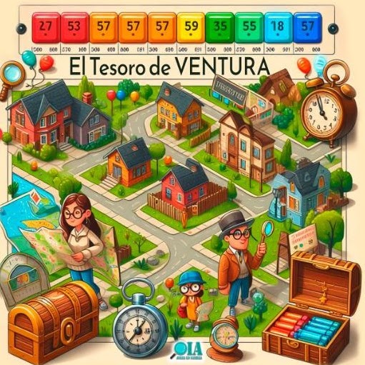 Ilustración del juego de pistas “El Tesoro de Ventura” con mapa de barrio, casas, cofres y relojes; actividad familiar de búsqueda del tesoro.