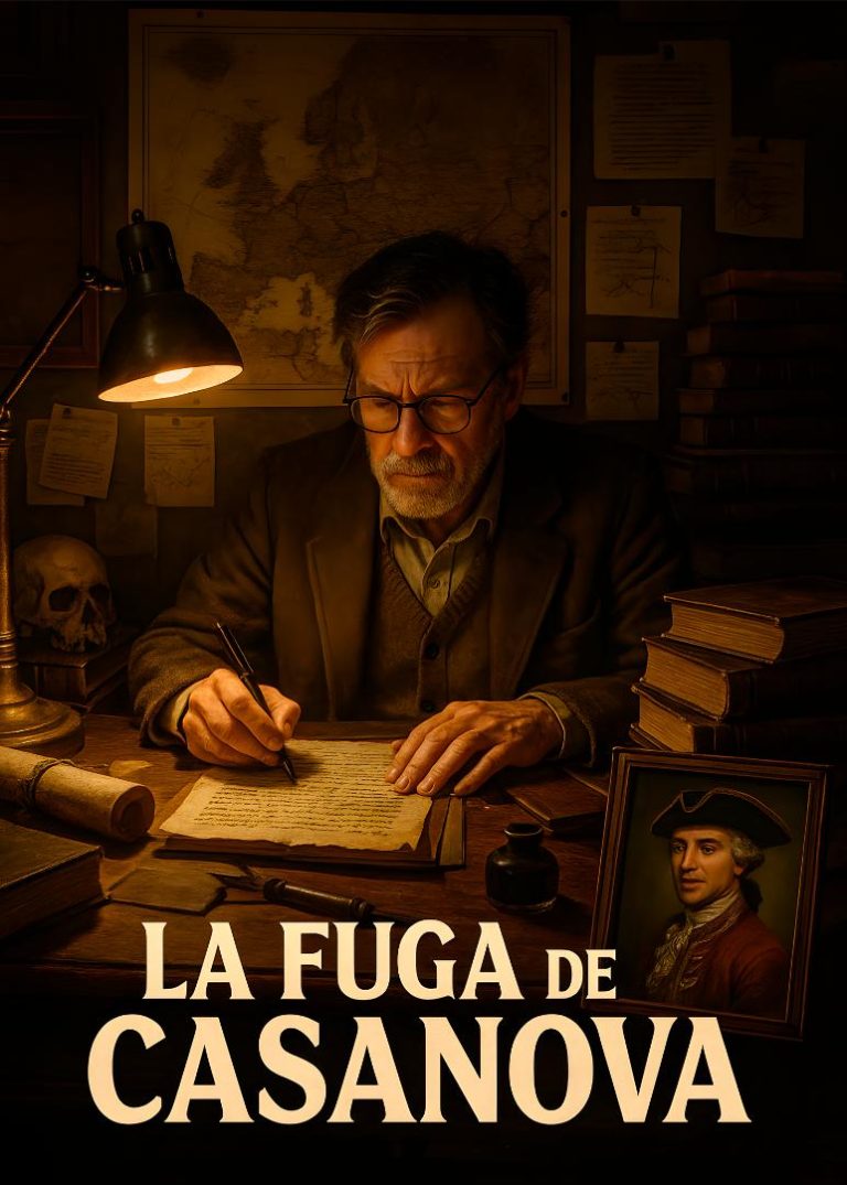 Historiador escribe a la luz de una lámpara, rodeado de mapas y libros, en el cartel del escape room “La Fuga de Casanova”.