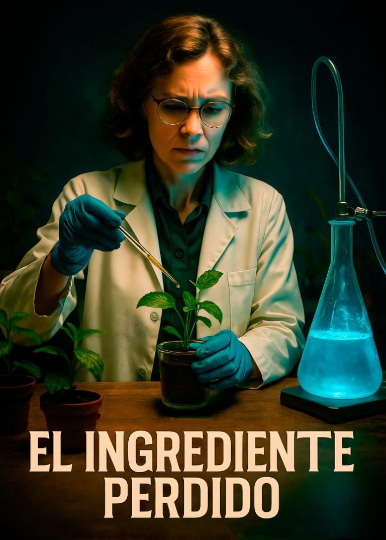 Científica con bata y guantes experimenta con una planta y un matraz en el cartel del escape room “El Ingrediente Perdido” de Rombo Code.