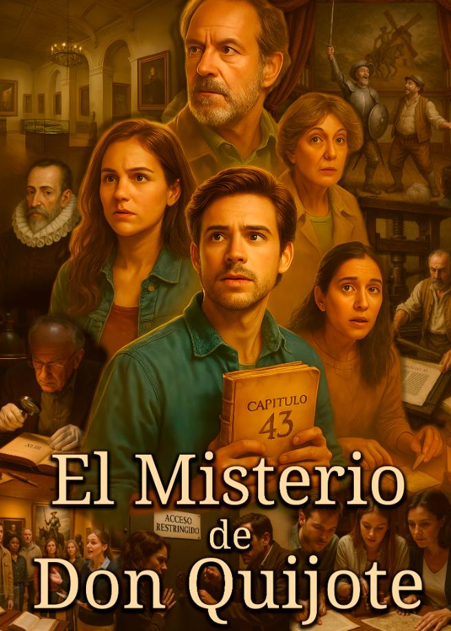 Cartel del escape room “El Misterio de Don Quijote” de Rombo Code, con un grupo de jugadores sosteniendo un libro del capítulo 43 en un museo inspirado en Cervantes.