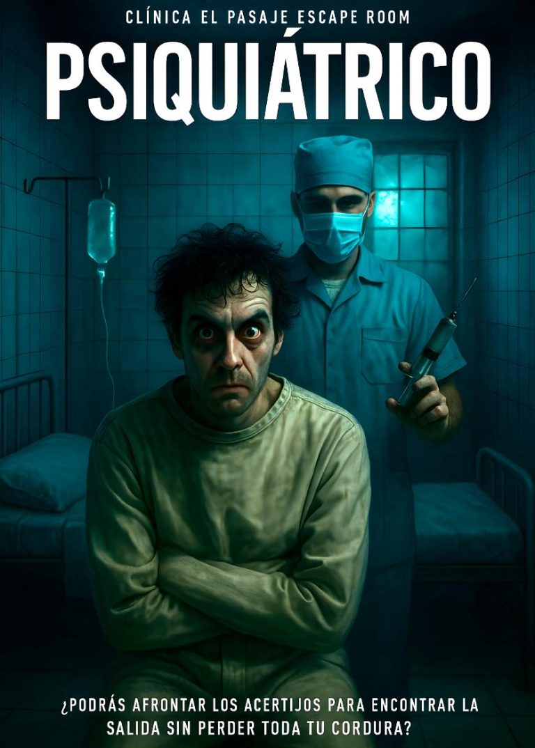 Cartel del escape room “Psiquiátrico” de Clínica El Pasaje en A Coruña, con un paciente inmovilizado en primer plano y un sanitario al fondo en una sala clínica.