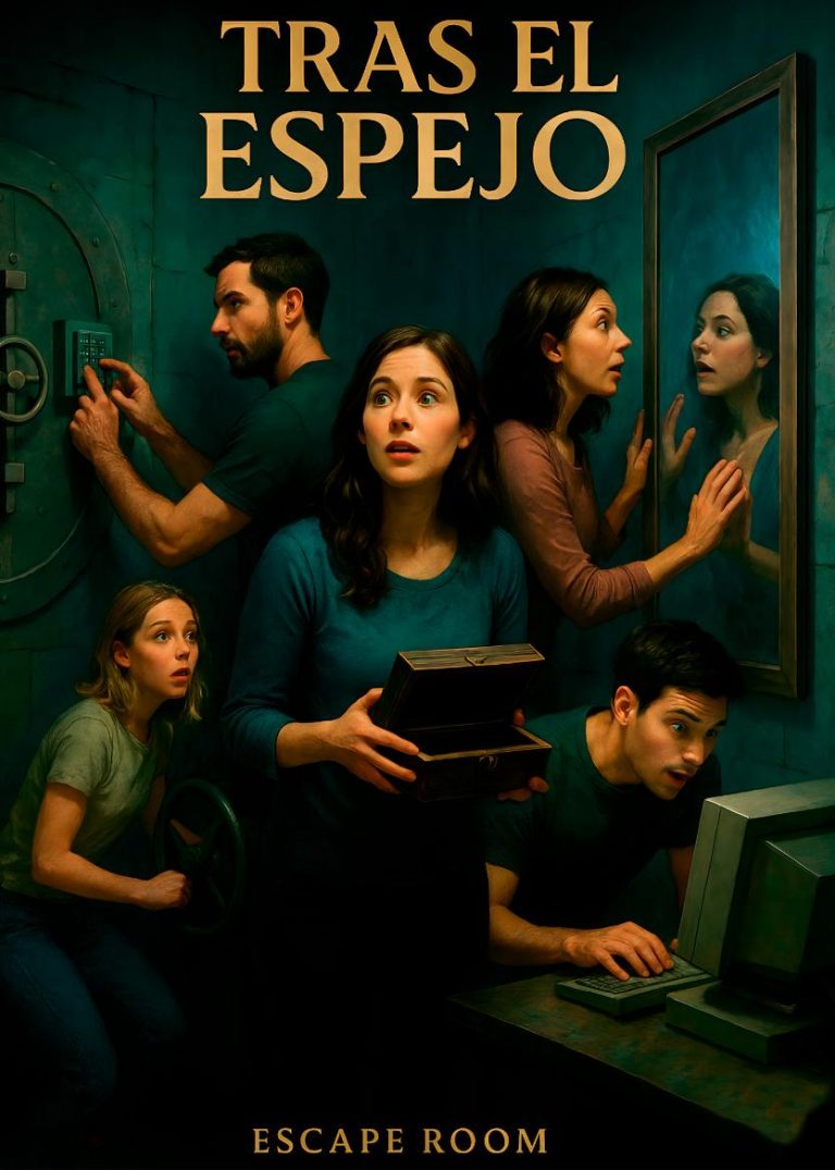 Cartel del escape room “Tras el Espejo” de Rombo Code con equipo resolviendo enigmas ante un espejo, una caja y un ordenador.